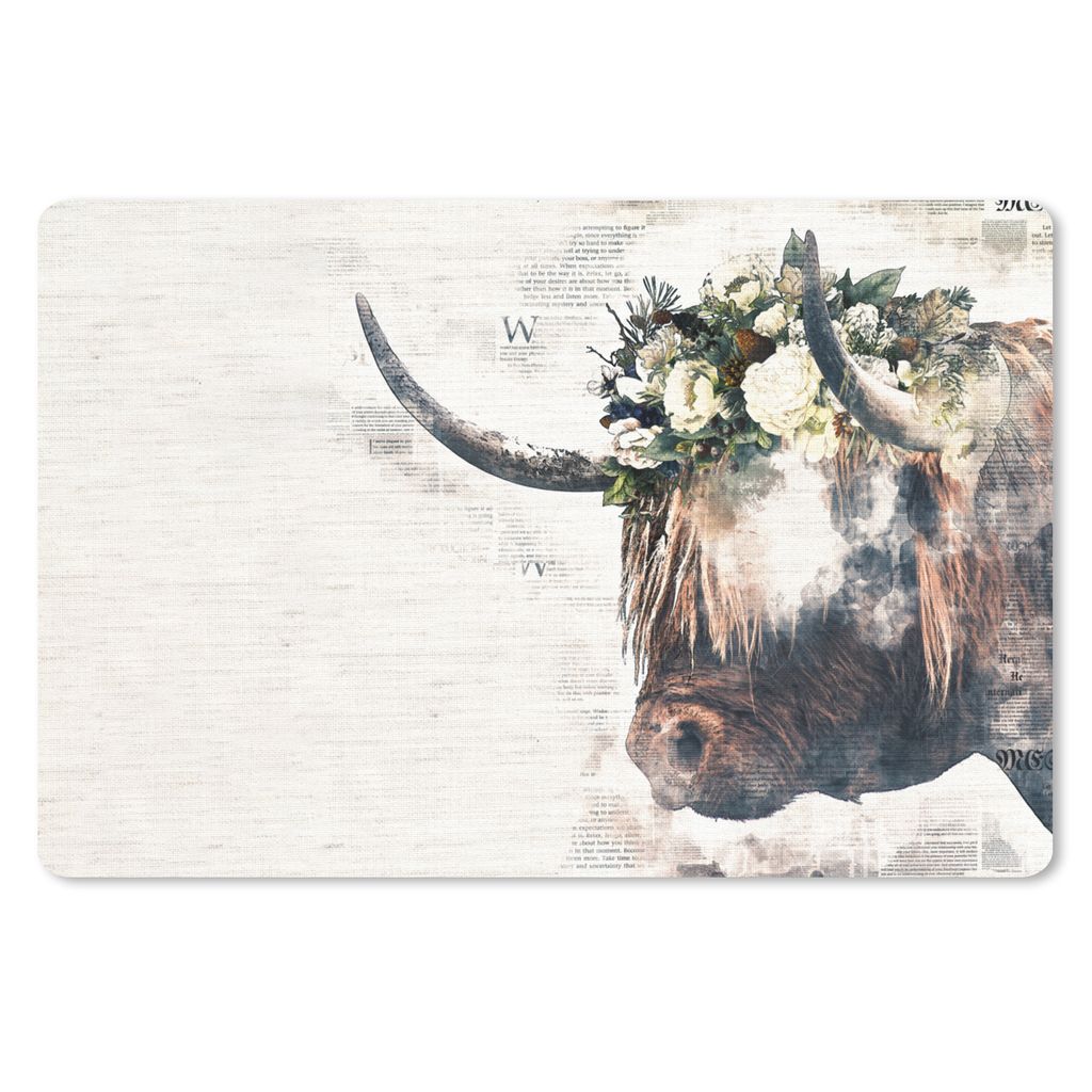 MuchoWow Schreibtischunterlage Schottische Highlander - Kühe - Blumen 60x40 cm - XXL Mauspad - Großes Mauspad