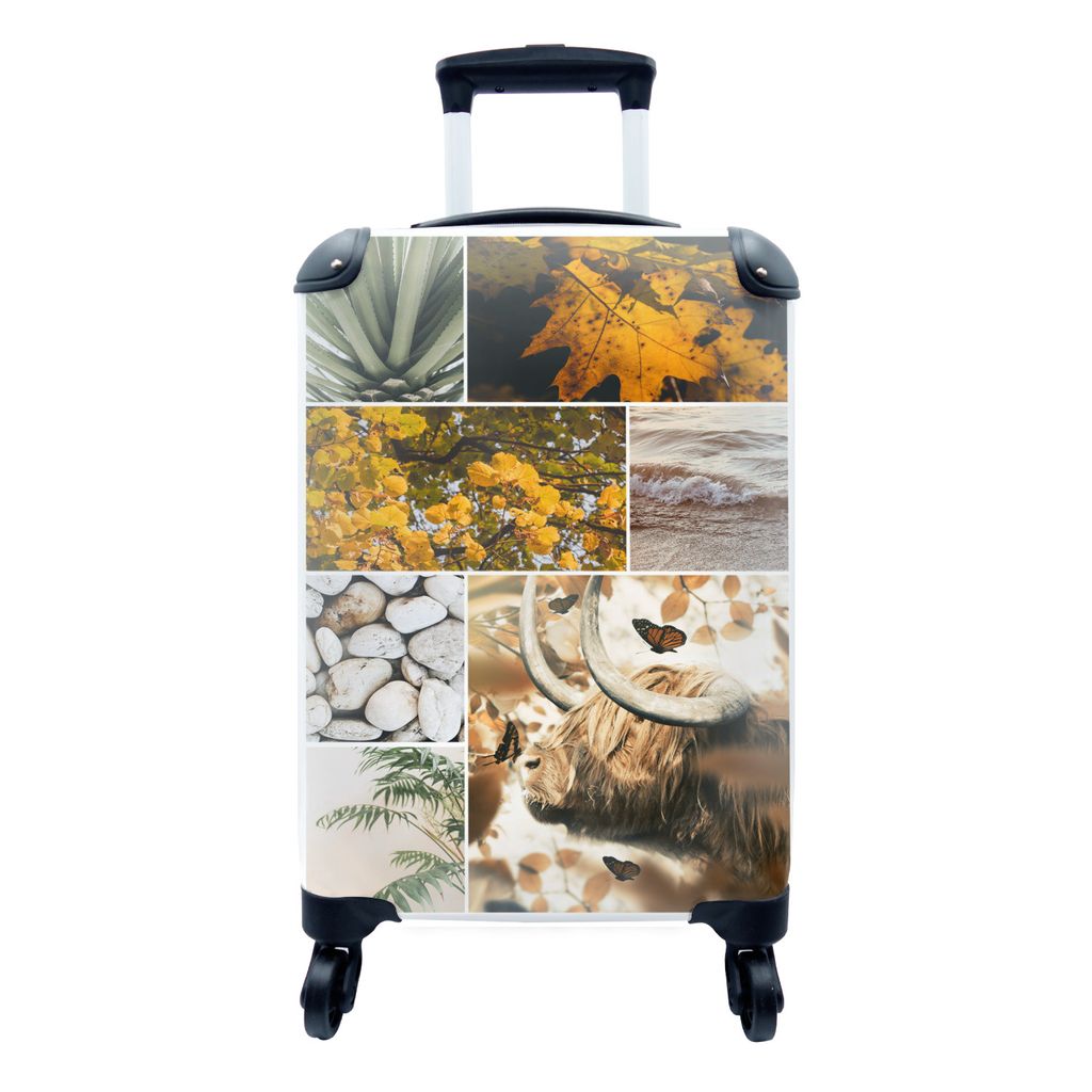 MuchoWow Koffer Handgepäck Trolley Rollkoffer Kleine Reisekoffer mit 4 Rollen - Schottische Highlander - Collage - Meer - Pflanzen - Cabin Size ...