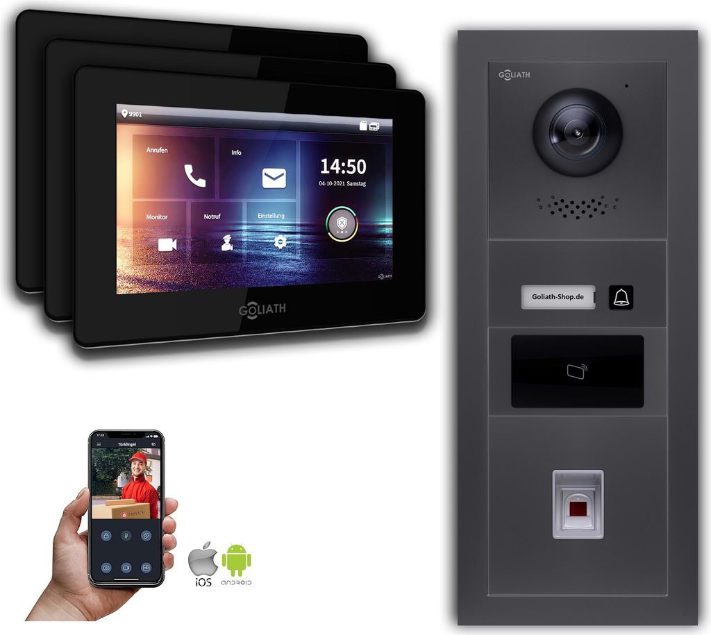 Türsprechanlage mit Kamera Goliath IP 2-Draht 3-Monitor Fingerprint RFID Anthrazit : Unterputzdose : 7 Zoll in Schwarz Türklingel Montagedose: Un...