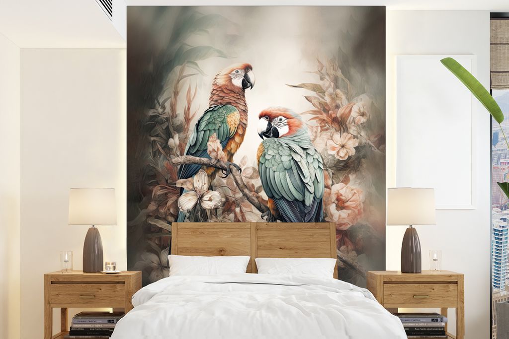 MuchoWow Fototapete für Wohnzimmer oder Schlafzimmer Wandtapete Vinyl Motivtapete Papageien - Vögel - Natur - Blumen - 205x280 cm - Wandbild
