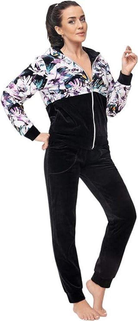LEVERIE Trendiger Damen Hausanzug/ Trainingsanzug mit stylischer Sweatjacke & bequemer Hose Gr. XXL Schwarz mit Blumenmuster