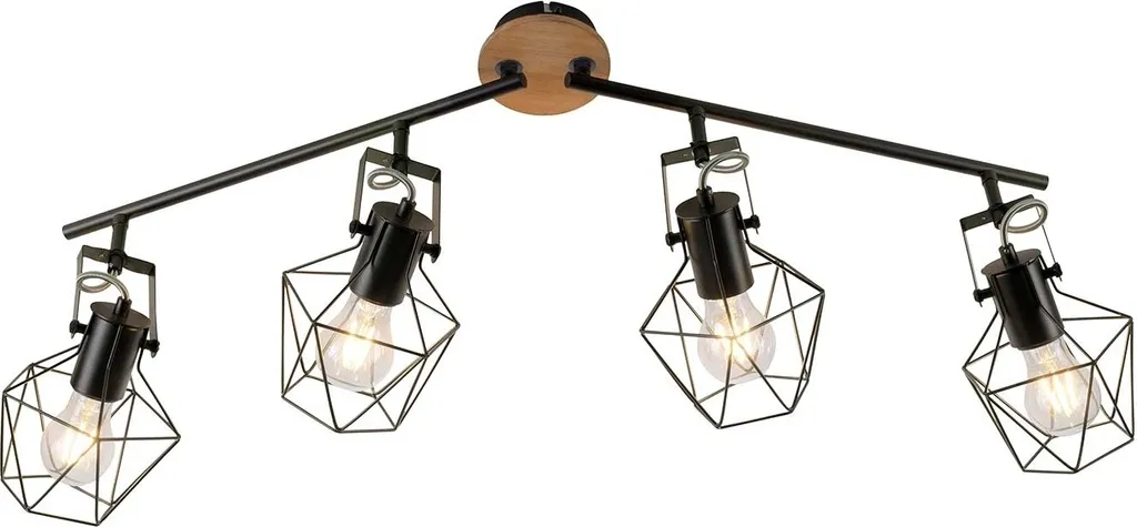 Plafoniera Vintage Industriale Legno e Metallo Nero 4 Luci L 92,5 cm