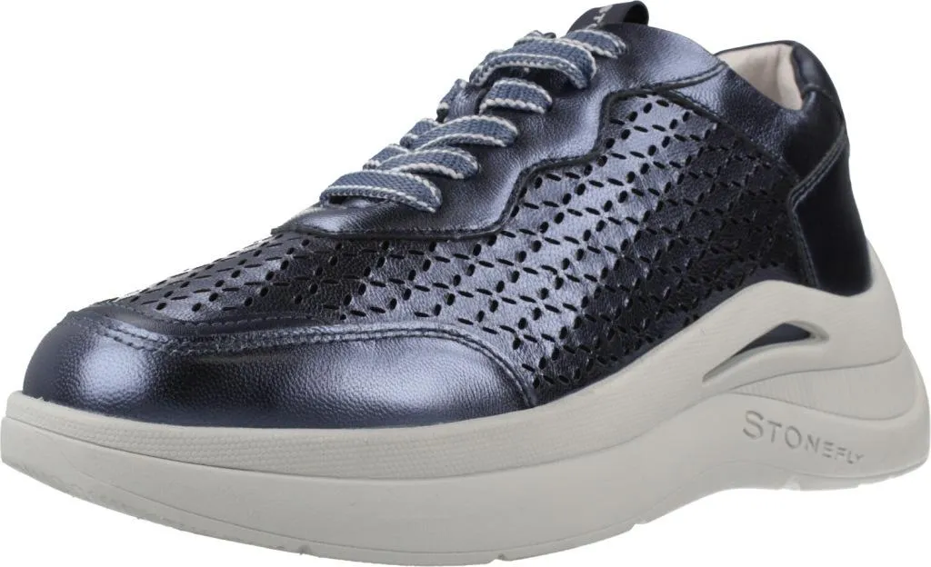 Stonefly Rocha 8 Bleu en Cuir Laminé : Basket Confortable à Semelle Gel