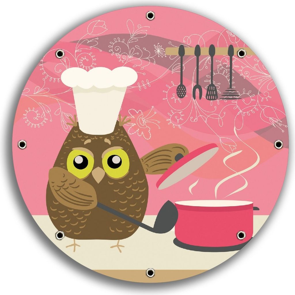 Wallario rundes Outdoor-Poster für Garten oder Balkon, Motiv Lustige Eule beim Kochen mit Kochmütze, 30 cm Durchmesser