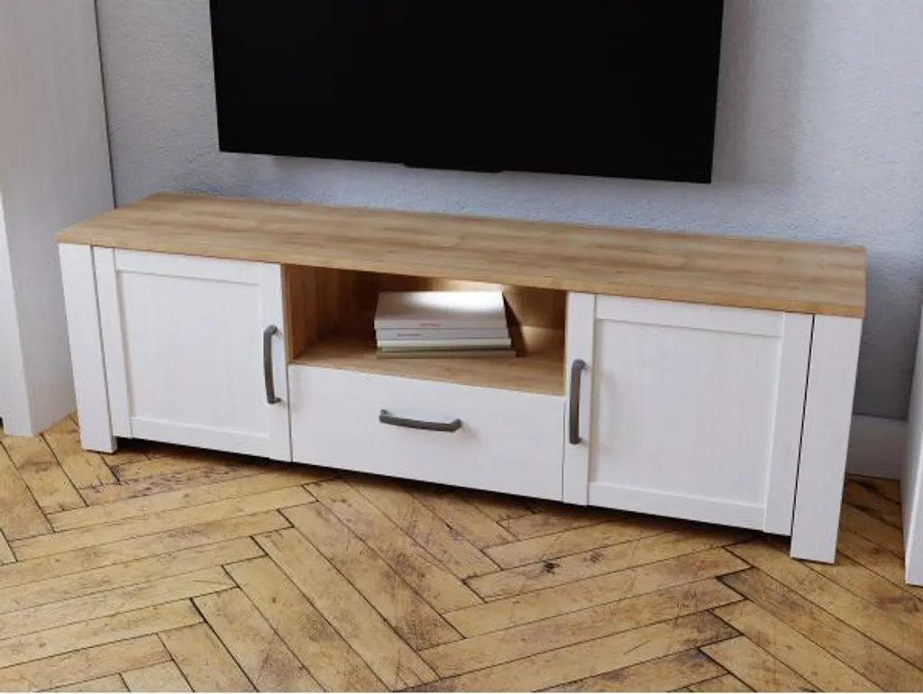 Banc TV Blanc Moderne BOHOL de 166cm pour Salon avec Grands Rangements
