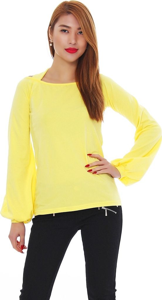 Amel Damen Oberteil Longshirt Langarm Shirt Top Tunika mit Schulter Cut Outs Ausschnitt, Gelb XL