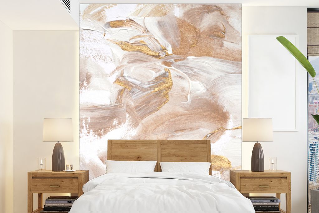 MuchoWow Fototapete für Wohnzimmer oder Schlafzimmer Wandtapete Vinyl Motivtapete Acrylfarbe - Gold - Weiß - 205x280 cm - Wandbild