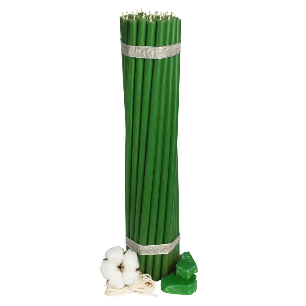 25 pz. Candele di cera d'api da chiesa Diveevo №10, candele rituali di alta qualità L-35,5 cm Ø-11,0 mm I 210 min, in verde I 1 kg