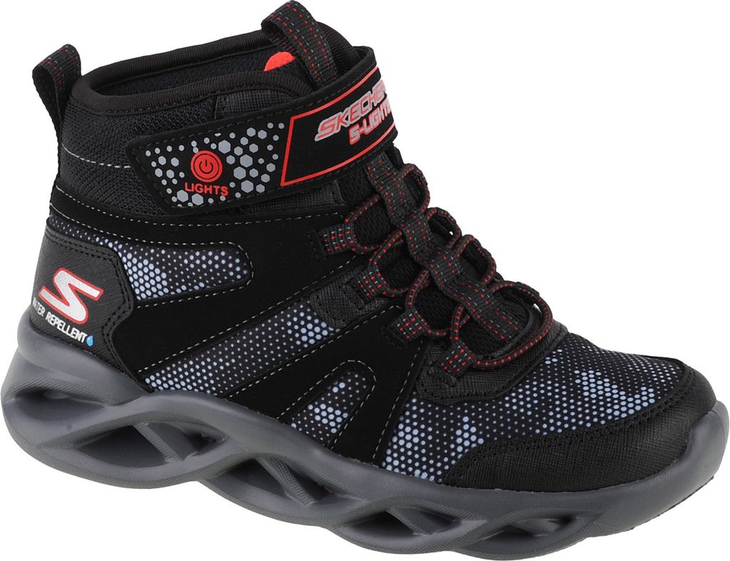 A single black high-top sneaker for boys with red accents and a gray sole.