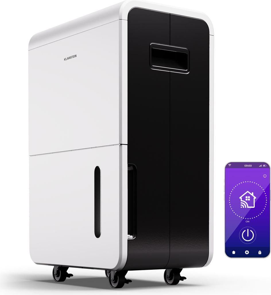 Klarstein Luftentfeuchter Elektrisch bis 90m2, Smart Luftentfeuchter für Wohnung, Bad & Keller, Luft-Entfeuchter Leise, Elektrischer Dehumidifier mit WLAN IoT App, Bautrockner mit 70 L Kapazität