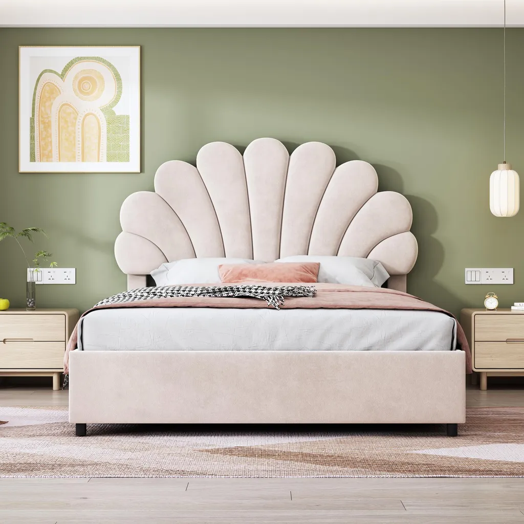 Lit Coffre 140x200 cm Beige - Solution Rangement avec Tête de Lit Fleur - 3