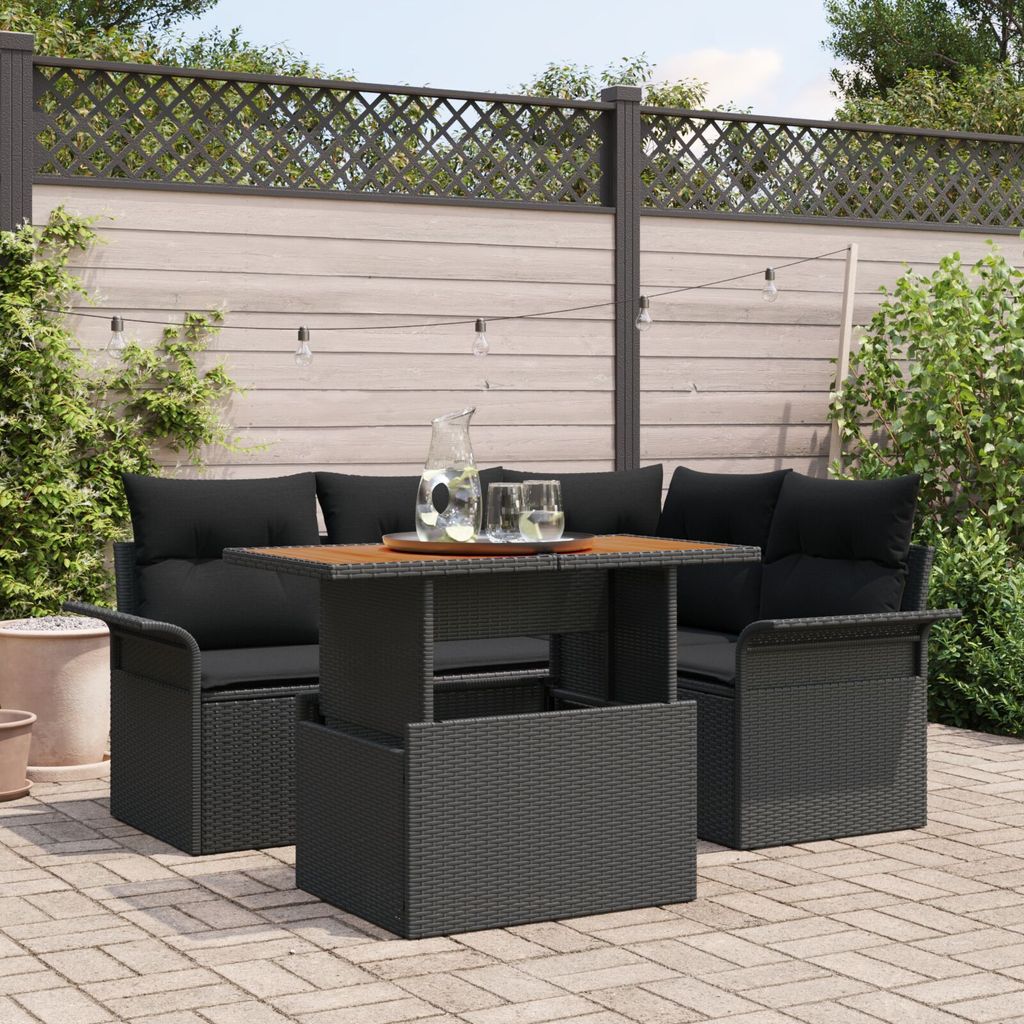 Möbel 5-teilige Garten Sofa Set mit Kissen Schwarz Poly Rattan, 2-Sitzer Garten Sofa mit Stauraum & Kissen Schwarz Poly Rattan - Gartensofas 3358067