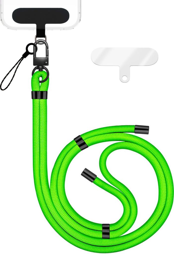 HoldMe Edition - Lanyard mit Karabiner Schwarz & 2 Pads - Universal Handykette Nylon Umhänge Band - Neon Grün