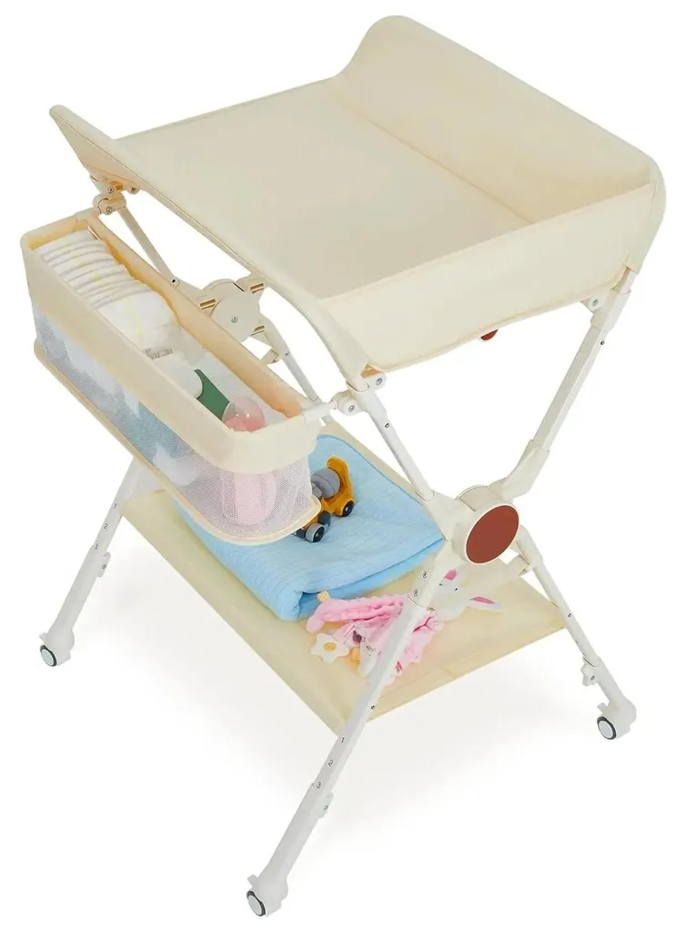 Table à langer pliable beige avec rangement et tringle à vêtements