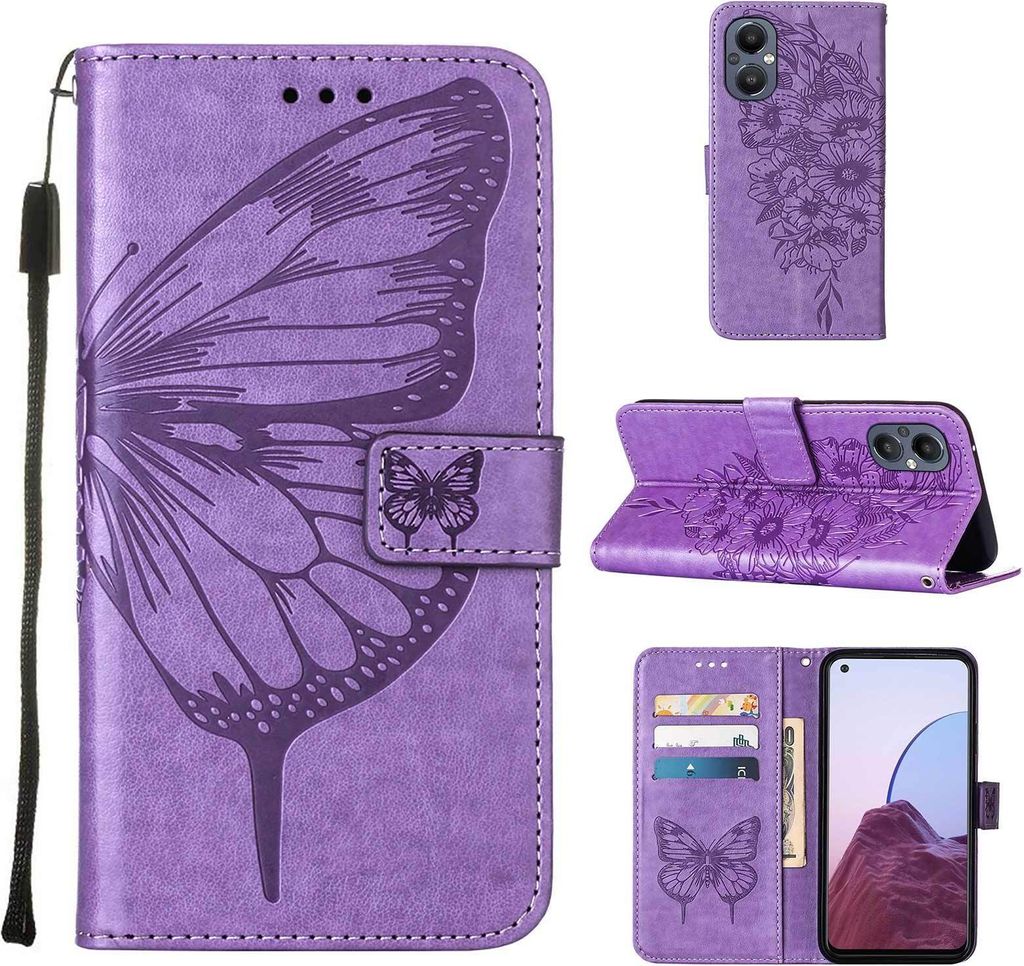 OnePlus Nord 20 5G Hülle, Schmetterling Prägung Flip Leder Kartenfächer Schutzhülle Ledertasche mit Ständer für OnePlus Nord 20 5G Violett