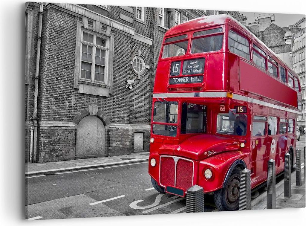 Bild auf Leinwand - Leinwandbild - Bus Denkmal London Geschichte - 120x80cm - Wand Bild - Wanddeko - Leinwanddruck - Bilder - Kunstdruck - Wanddeko...