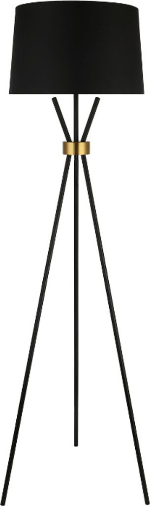 A black floor lamp with a gold accent ring on a white background.