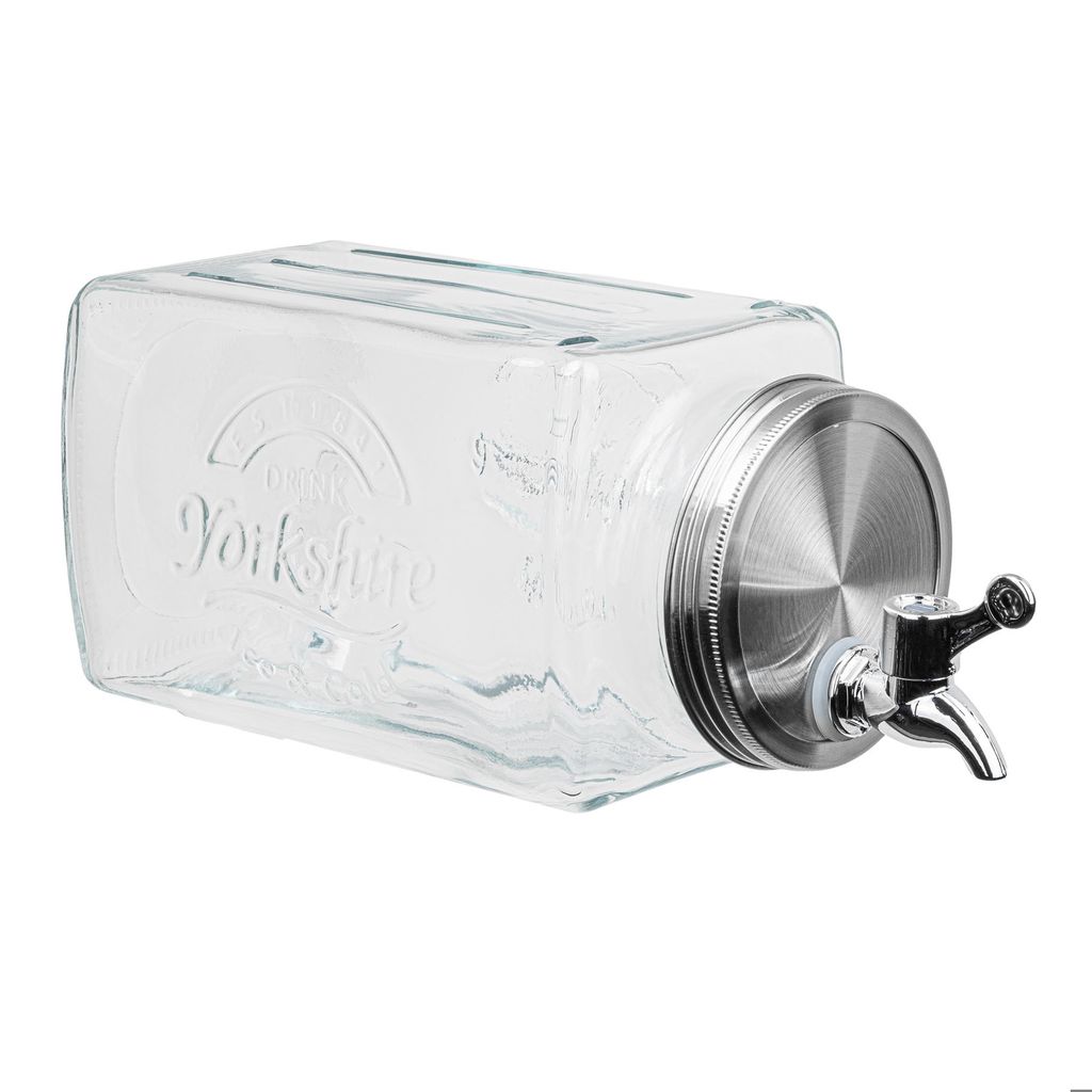 A clear, professional studio shot of a glass beverage dispenser with a metal spigot, isolated on a white background.