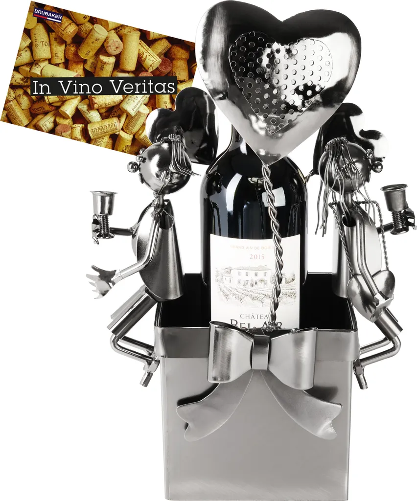 BRUBAKER portabottiglie da vino con palloncini a cuore - coppia di portabottiglie in metallo con cuori e bicchieri da vino - 33 cm regalo per il vino con biglietto d'auguri