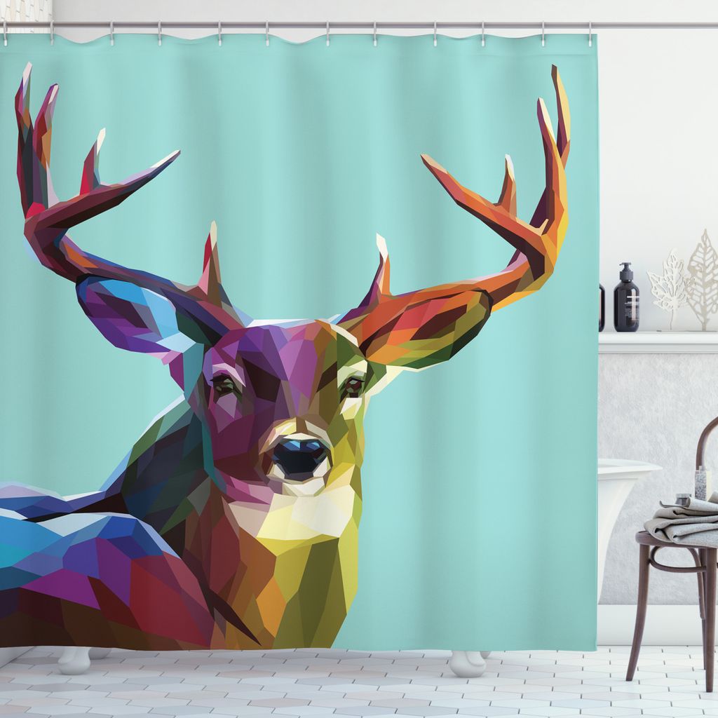 ABAKUHAUS Hirsch Duschvorhang, Retro Low Poly Deer, Digital auf Stoff Bedruckt inkl.12 Haken Farbfest Wasser Bakterie Resistent, 175 x 180 cm, Multi
