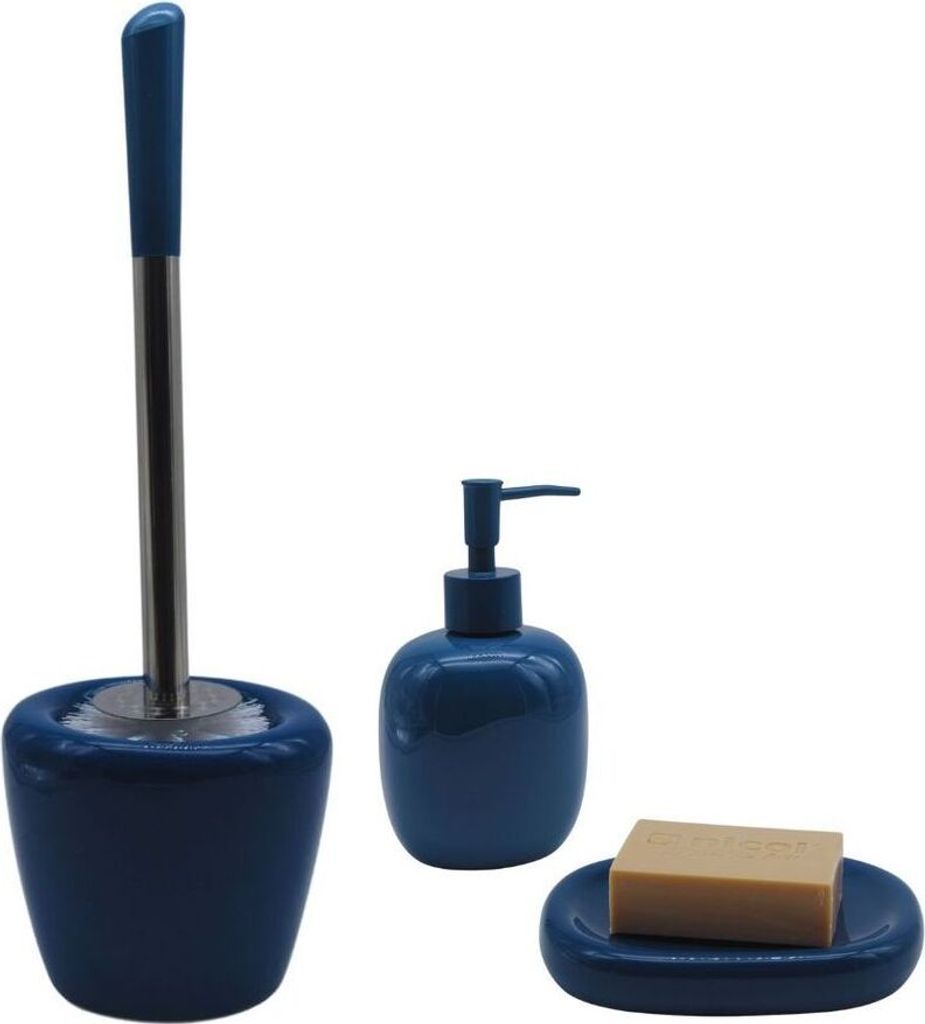 3tlg Set Bad Accessoires WC Bürste Seifenspender Seifenschale Donna Blau