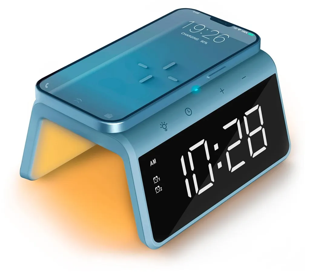 Réveil lumineux pour table de chevet avec chargeur de téléphone Qi
