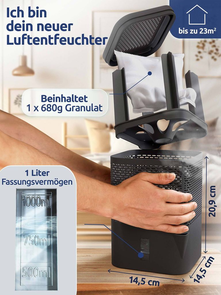 Bestlivings – Deumidificatore A Granulato Con Beccuccio, Ricarica 2x680g, Per Ambienti Fino A 55 M², Senza Corrente