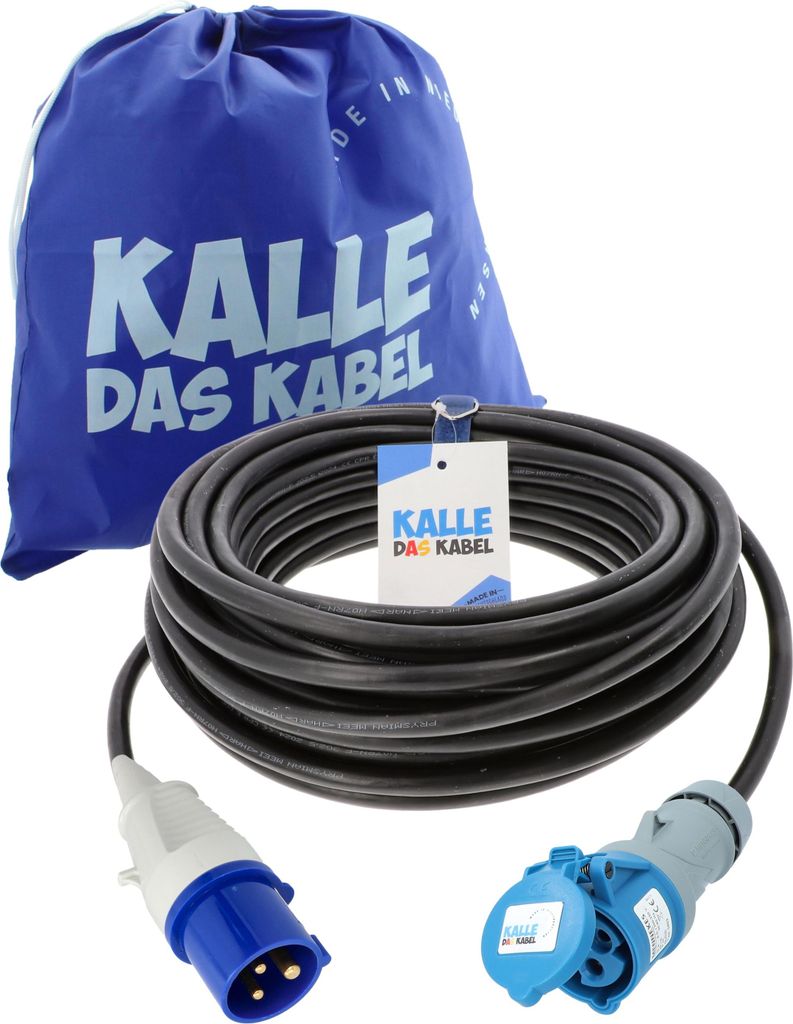 KALLE DAS KABEL CEE Verlängerungskabel 3G 2,5 mm² 50 Meter mit Sicherungsöse 230V 16A Schutzart IP44 WoMo-Kabel Stromkabel Campingkabel Campingv...