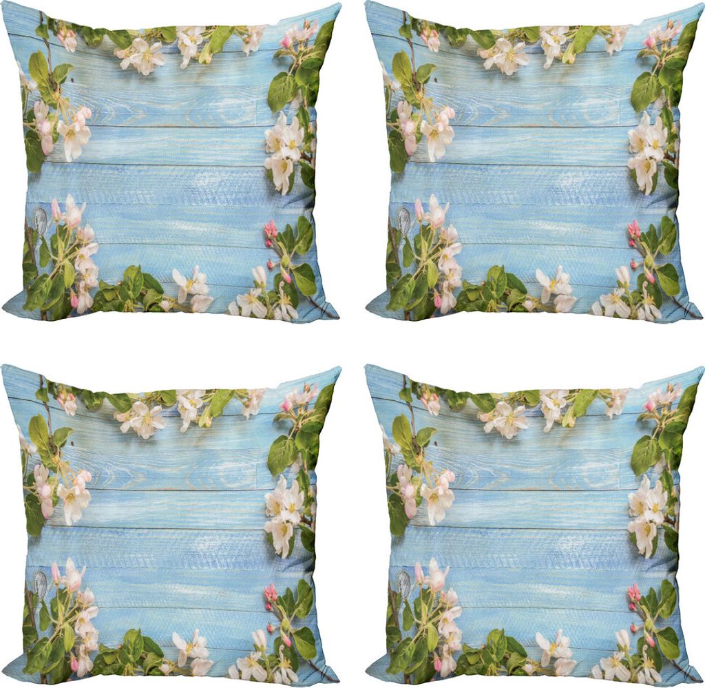 ABAKUHAUS rustikales Holz Kissenbezug Set (4 Stück), Frische Blumen-Muster, Moderner Doppelseitiger Digitaldruck, 60 cm x 60 cm, Blassblau Grün