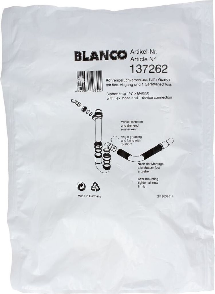 BLANCO 137262 Siphon Geruchverschluss Flex-Röhrensiphon 11/2"x40/50mm flexibel formbar weiß für Spülbecken Spüle Becken mit Geräteanschluss f...