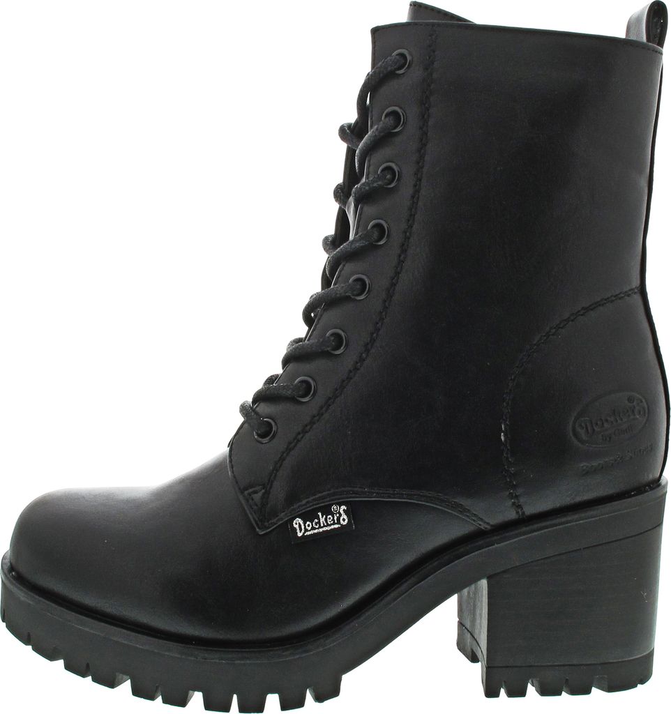 A black lace-up boot with a chunky heel and sole, shown from the side against a white background.