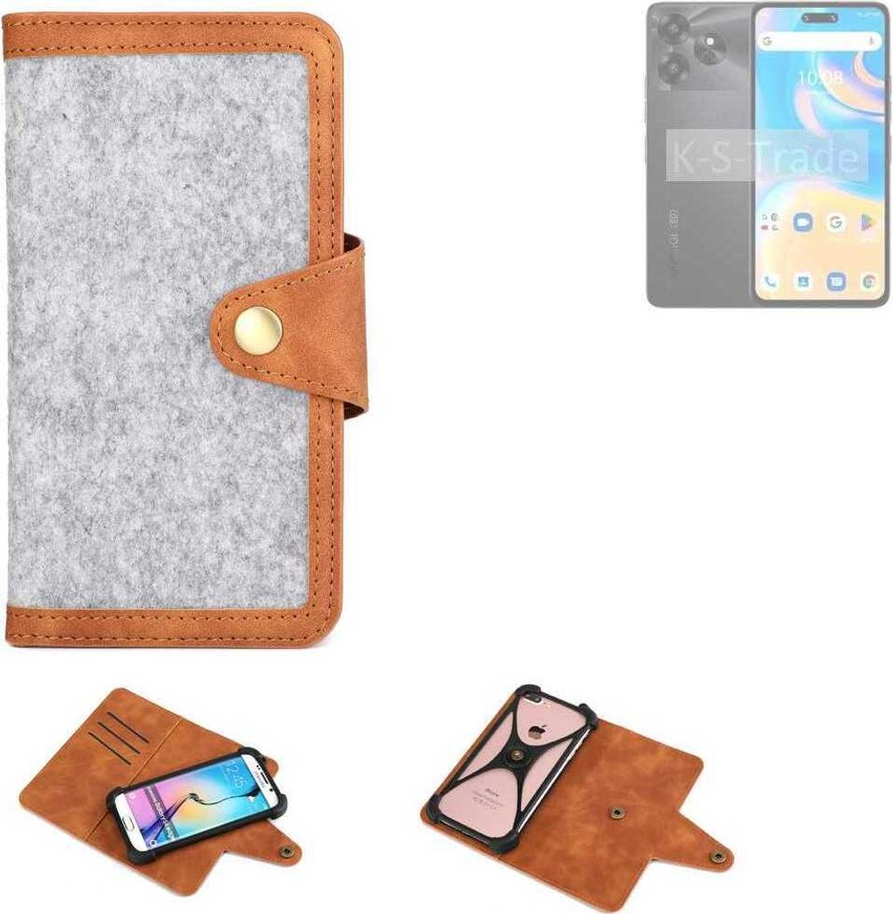 K-S-Trade Handyhülle kompatibel mit UMIDIGI G6 5G Schutzhülle Filz-Hülle Kunst-Leder hellgrau braun (1x)