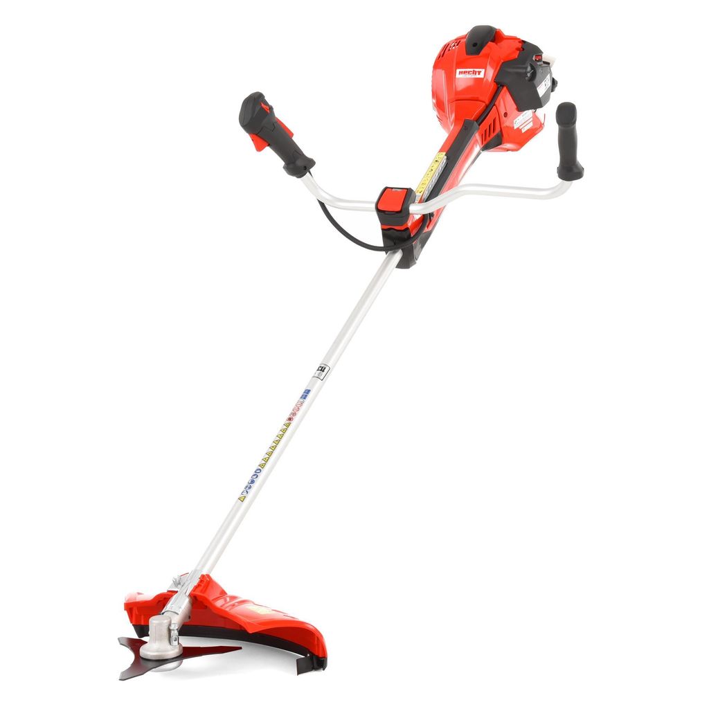 A red and silver string trimmer is shown against a white background.