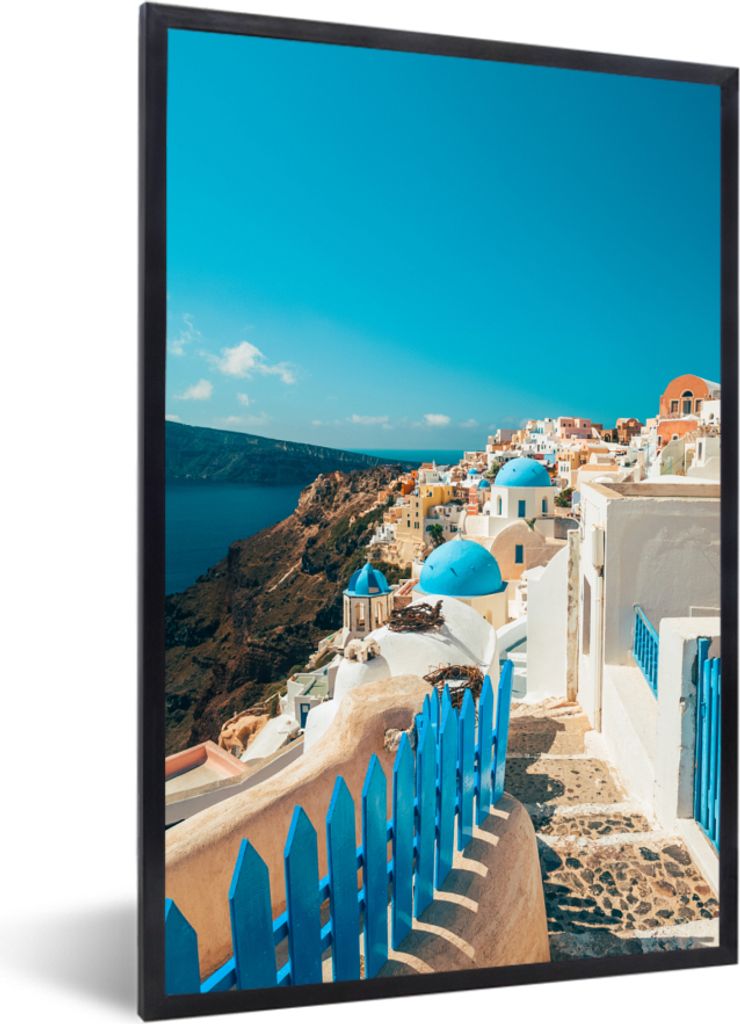 MuchoWow MuchoWow Gerahmtes Poster Blauer Bürgersteig in Santorini Griechenland 40x60 cm - Poster mit zchwarzem Bilderrahmen - Papierdruck - W...