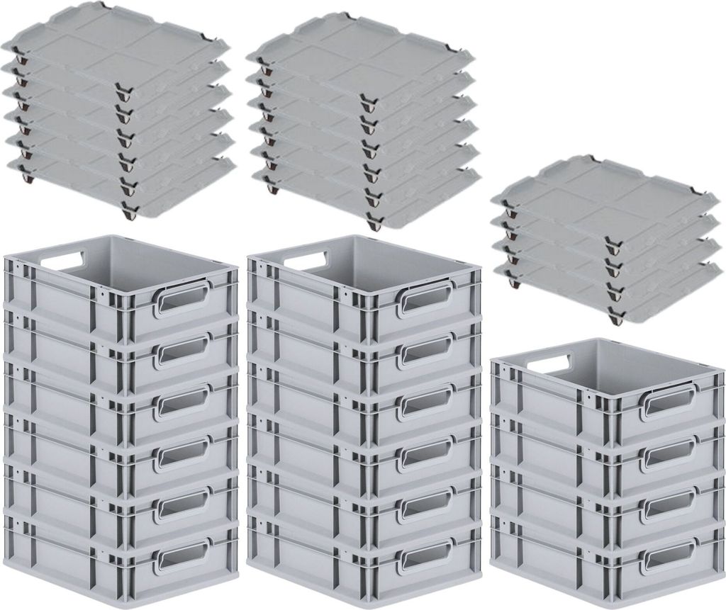 SuperSparSet 16x Eurobox NextGen Grip mit Auflagedeckel inkl. 4 schwarzen Schiebeschnappverschlüssen | HxBxT 12x30x40cm | 11 Liter | Griffe offen ...