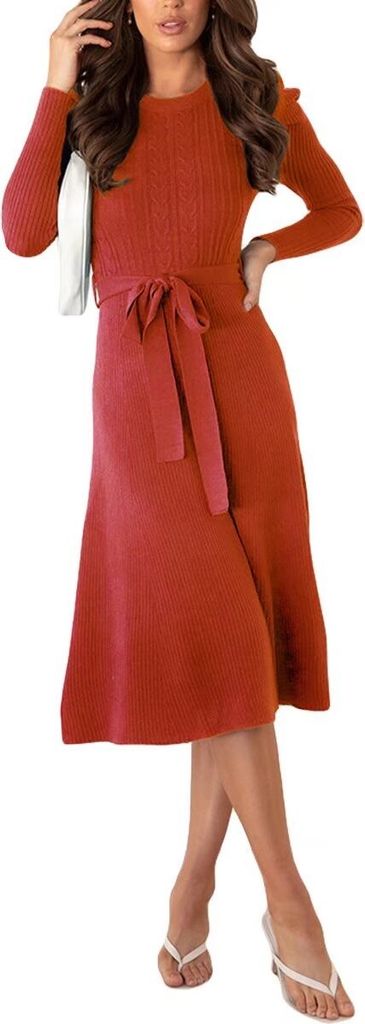 ASKSA Women's Knitted Dress Pullover Puff Sleeves Round Neck Slim Swing Midi Dress with Belt, Rot, S
