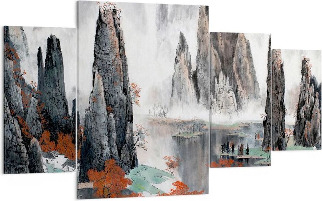 Bild auf Leinwand - Leinwandbild - Berge Märchen Nebel - 160x90cm - Wand Bild - Wanddeko - Leinwanddruck - Bilder - Kunstdruck - Wanddekoration - ...