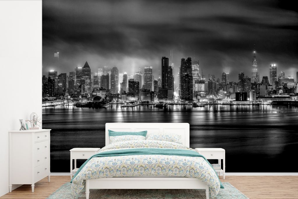 MuchoWow Fototapete für Wohnzimmer oder Schlafzimmer Wandtapete Vinyl Motivtapete New York - Sturm - Schwarz - Weiß - 420x280 cm - Zimmer für ...