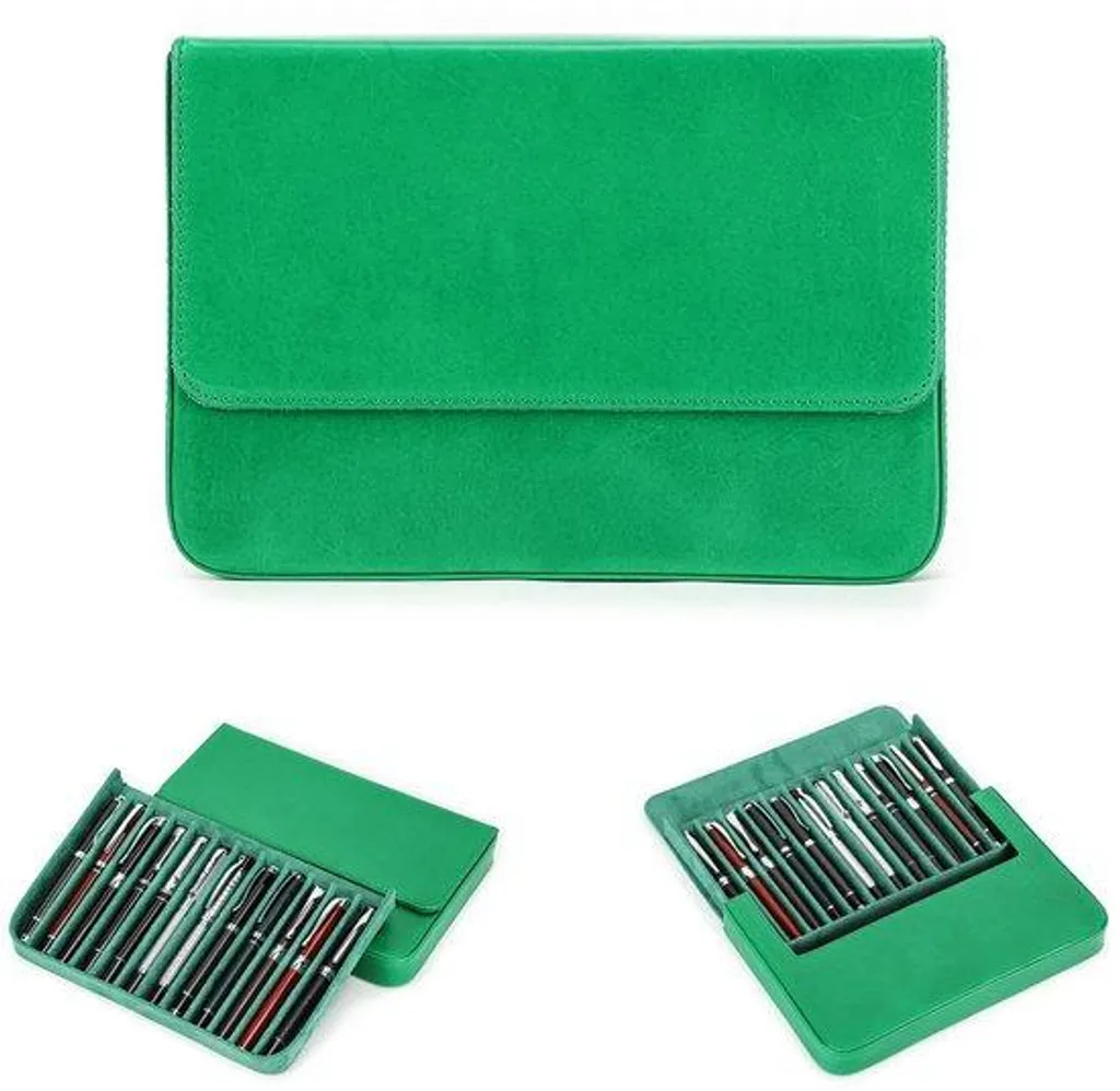 Étui portable en cuir vert 12 places, fermoir magnétique pour stylos plume