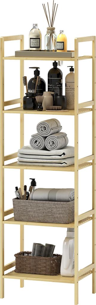 Bambus-Badezimmerregal mit 5 Ebenen, Aufbewahrungsregal mit verstellbaren Regalböden, 43,5 x 31,5 x 142 cm, Naturholz