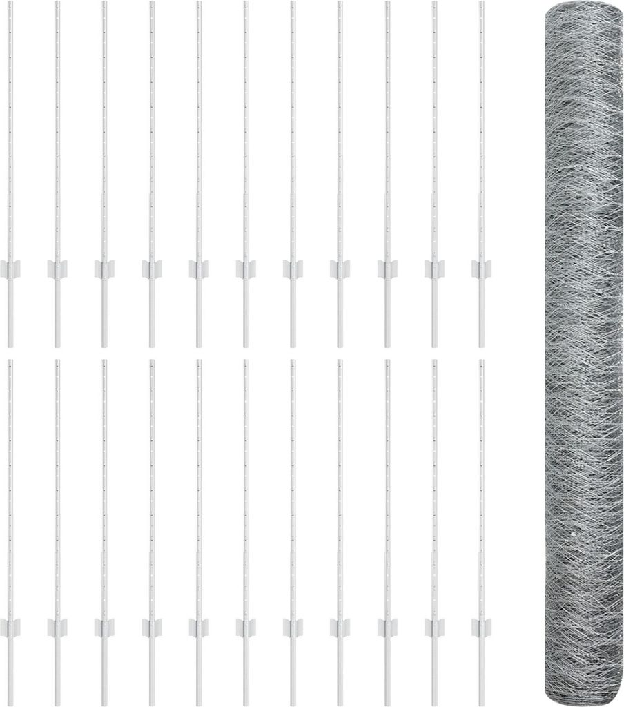 Eleganten-Stil Zaunpfosten 22 Stück U-Kanal 120 cm Verzinkter Stahl, Sechseckzaun 1x50 m Verzinkter Stahl - Zaunzubehör DE324050
