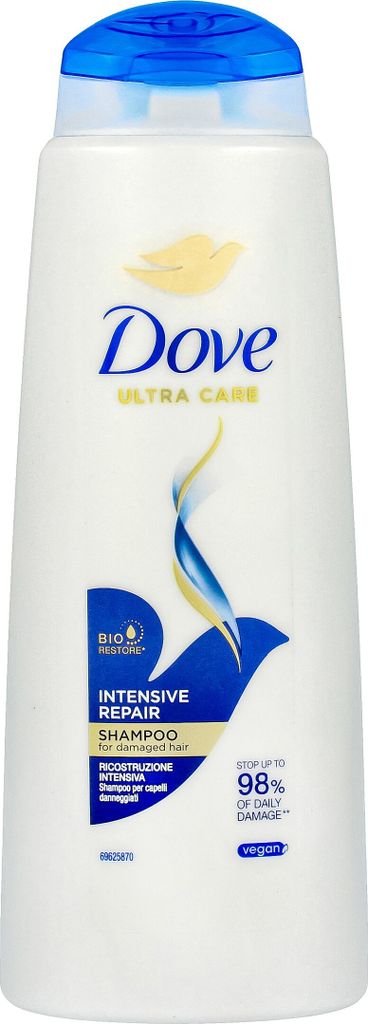 A white bottle of Dove shampoo with blue and yellow accents.