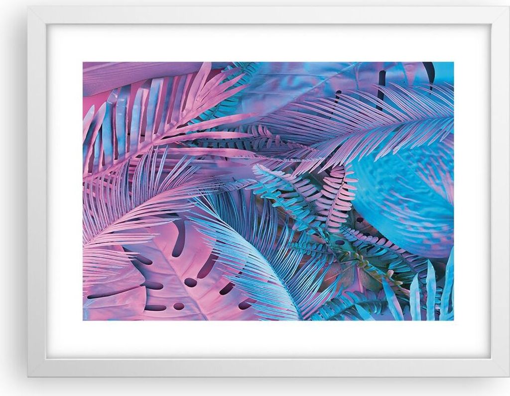 Gerahmtes Poster - Weißer Rahmen - Blätter Rosa Blau - 40x30 cm - Wand Bild - Wanddeko - Wandbilder - Kunstposter - Wandposter - Bilderrahmen - B...