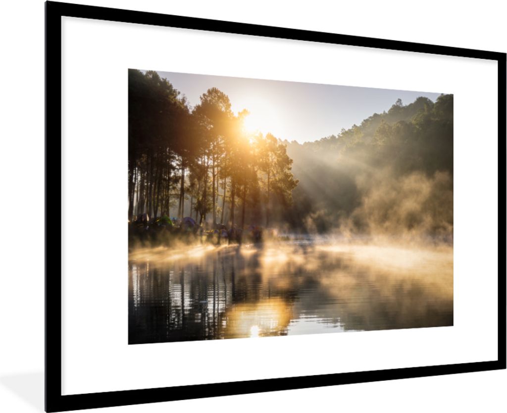 MuchoWow MuchoWow Gerahmtes Poster Wald - Wasser - Nebel 90x60 cm - Poster mit zchwarzem Bilderrahmen - Wanddekoration - Fotos