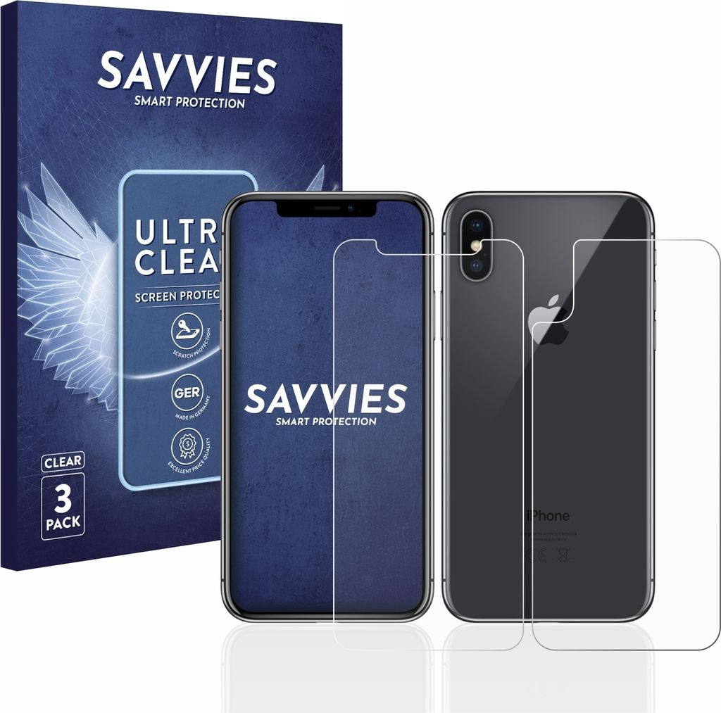 6x Für Apple iPhone X / Xs (Vorder + Rückseite) Schutzfolie Savvies Displayschutz Display Schutz Folie Klar Transparent
