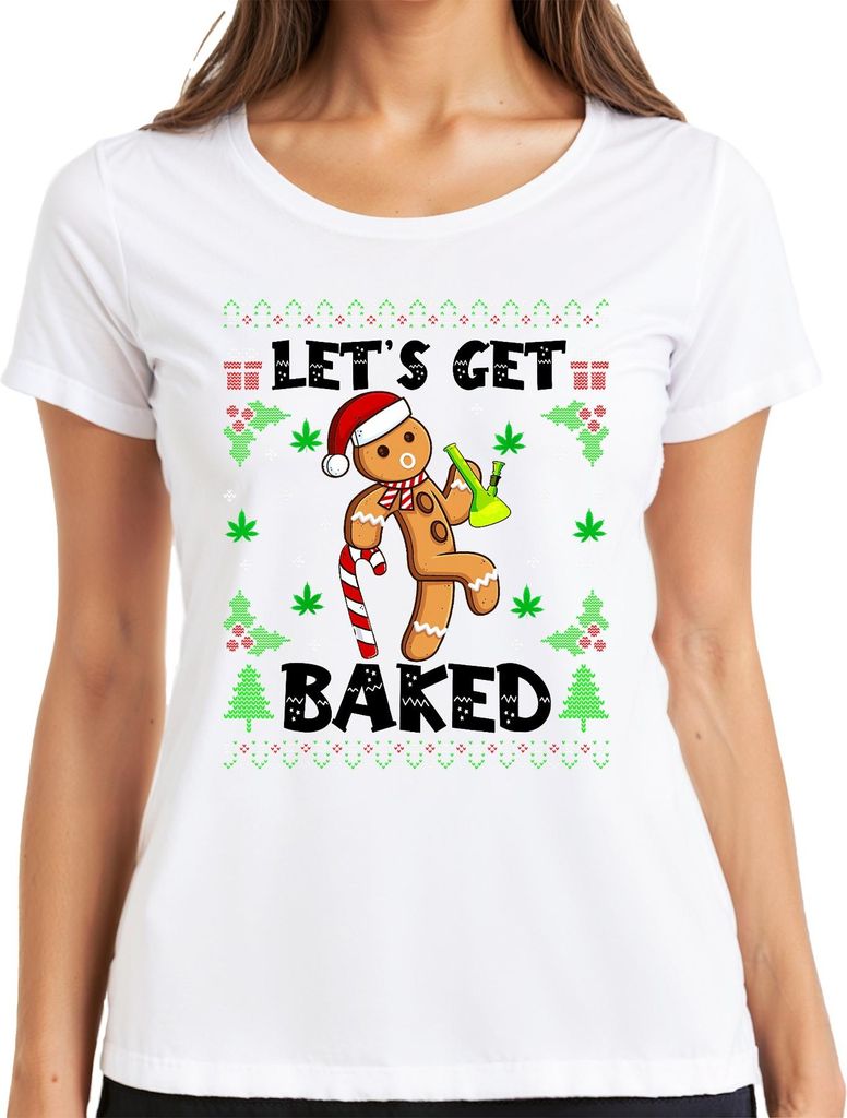 Let's Get Baked Lebkuchenmann Cannabis Weihnachten lustig Party Damen T-Shirt, Weiß, 3XL
