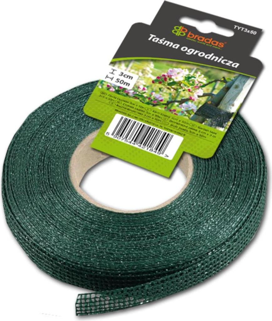 A roll of green garden tape on a white background.