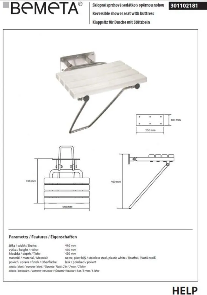 Siège de douche escamotable HELP avec jambe de force en acier blanc - 2