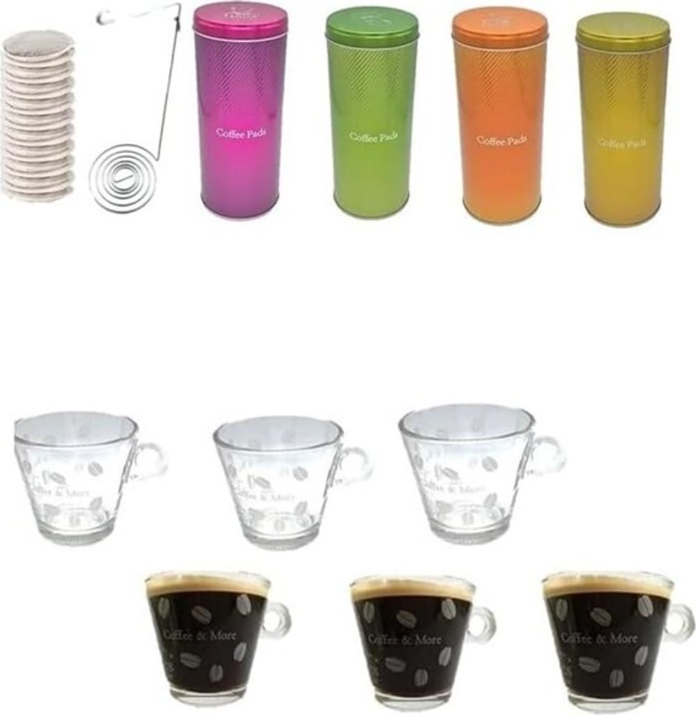 Kaffeepad-Dosen + 6 Tassen 220ml + 4 Paddosen als Geschenkset