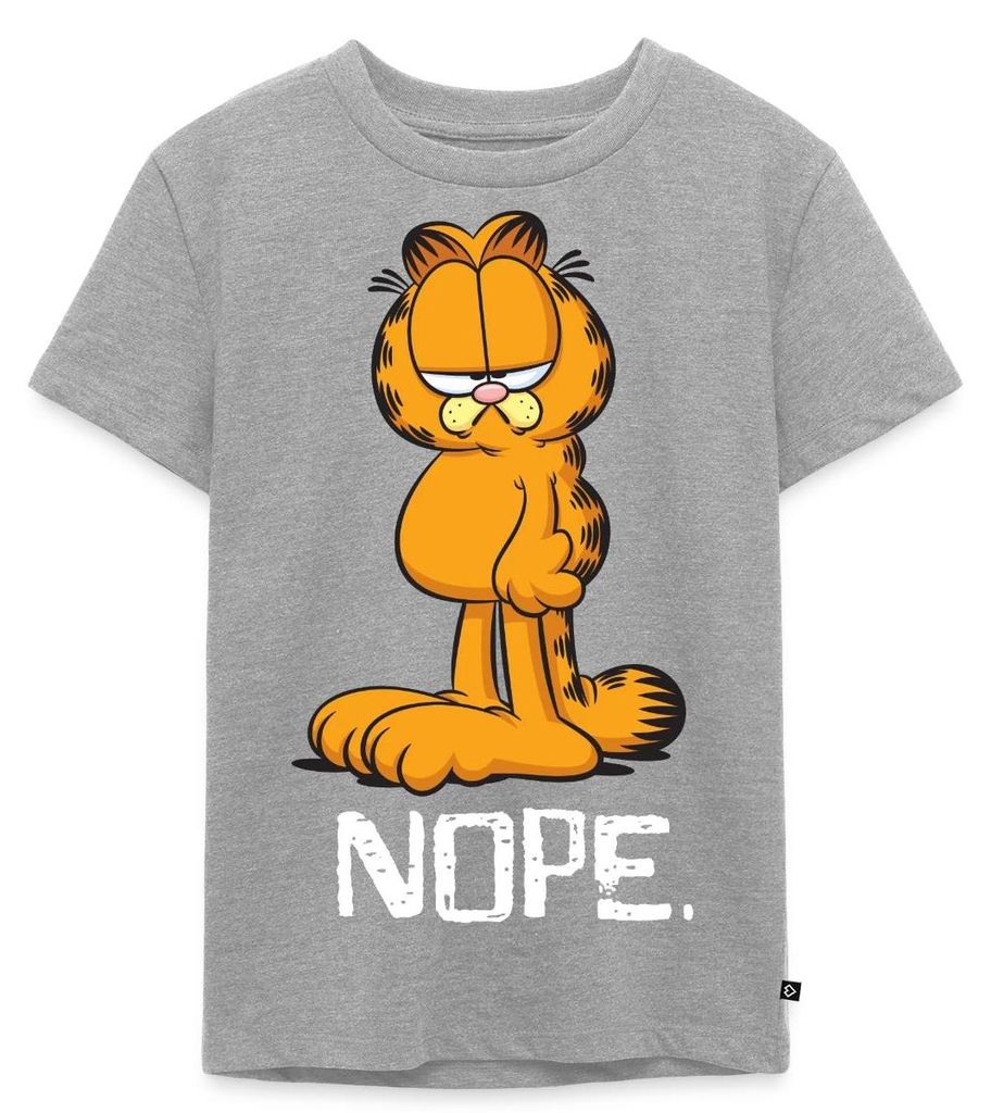 Spreadshirt Garfield Nope Nein Nö Kein Bock Lustig Kinder Premium T-Shirt, 134/140 (8 Jahre), Grau meliert